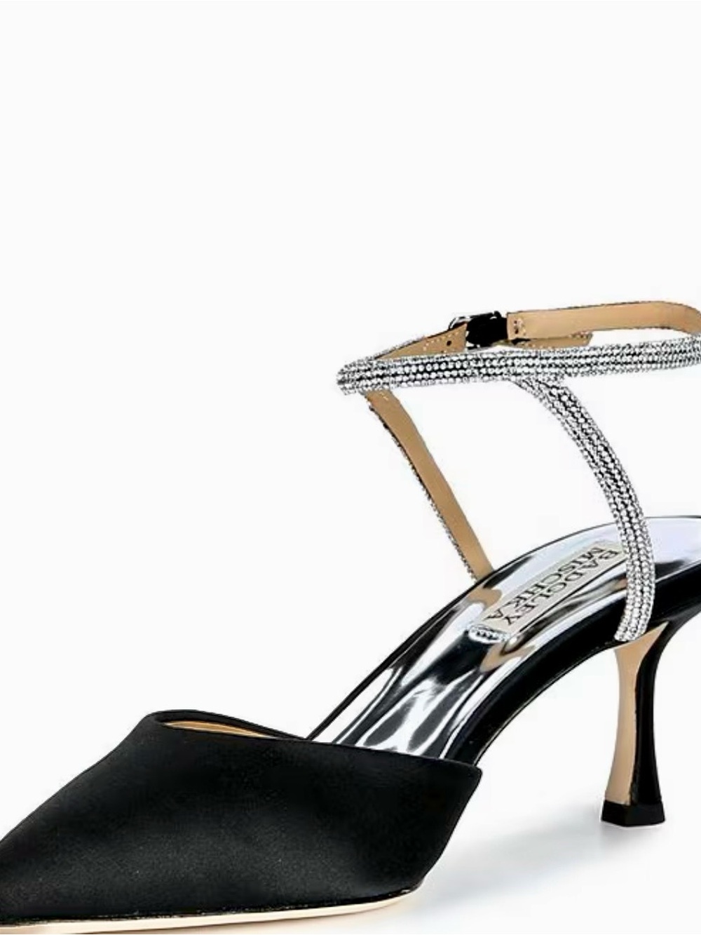 Badgley Mischka Black Satin Pointed Toe Heels with Silver Crystal Straps
